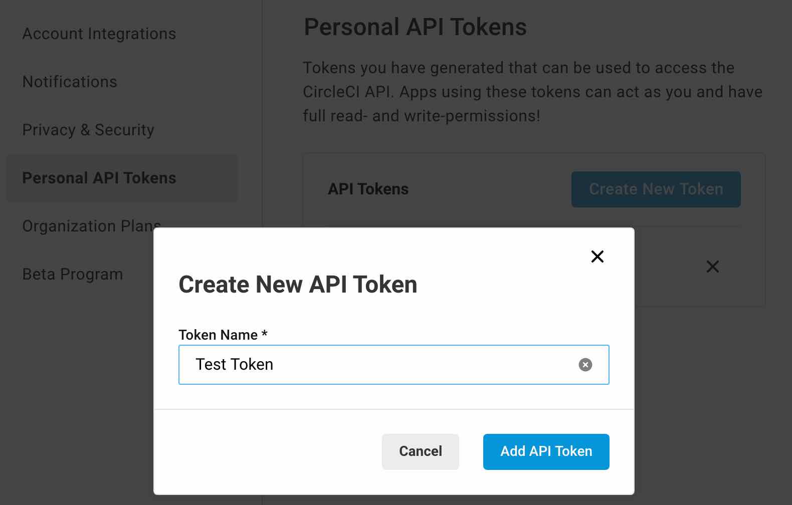Screenshot showing how to generate CircleCI API Token /circleci-on-demand-jobs/token.jpg