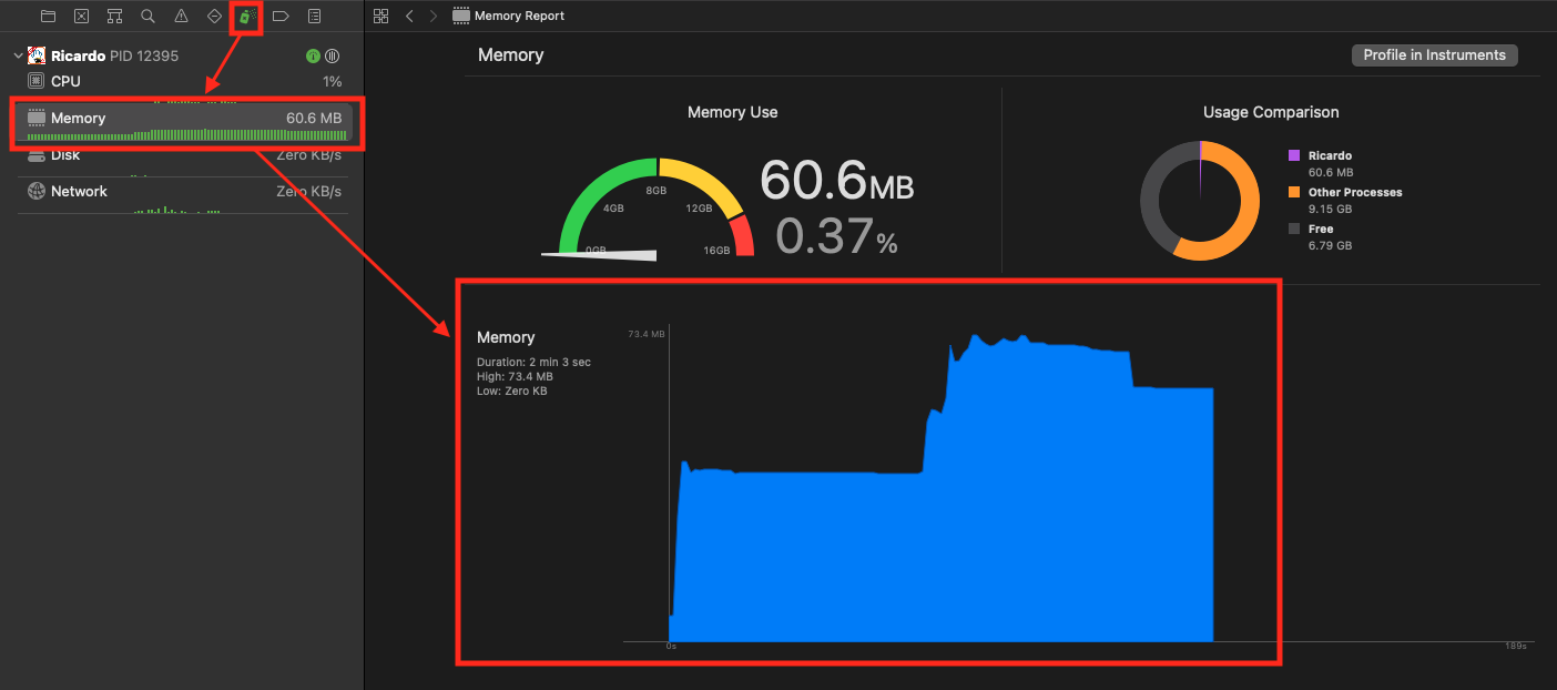 Screenshot showing Xcode’s Memory Debugger /retain-cycles-in-swift/memory-debugger.png