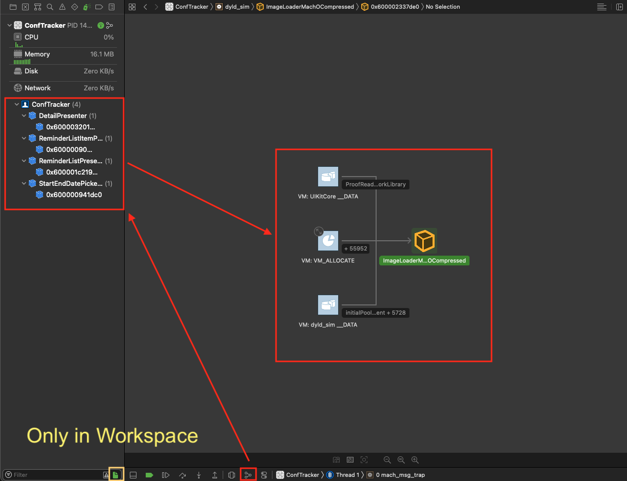 Screenshot showing Xcode’s Memory Graph /retain-cycles-in-swift/memory-graph.png